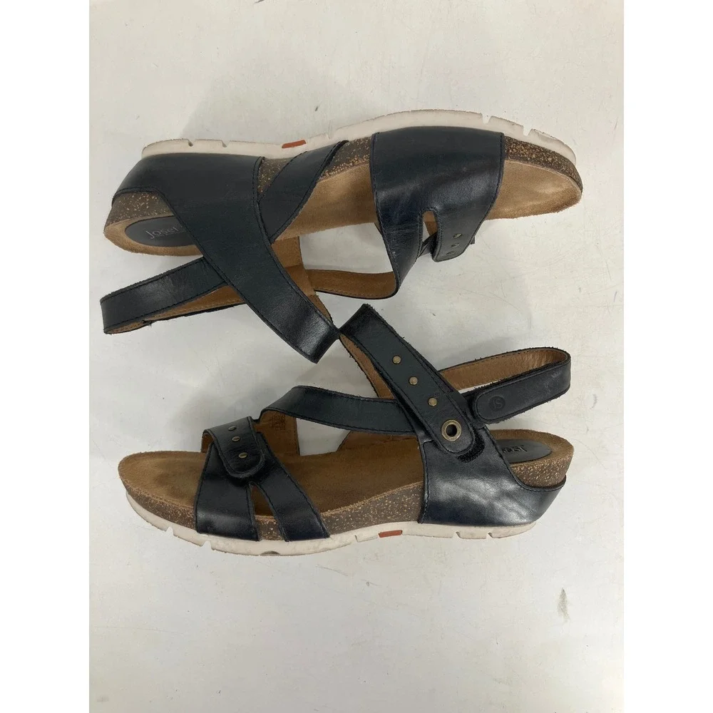 Josef Seibel Hailey Strappy Wedge Sandals Women 37 Black Leather Studded